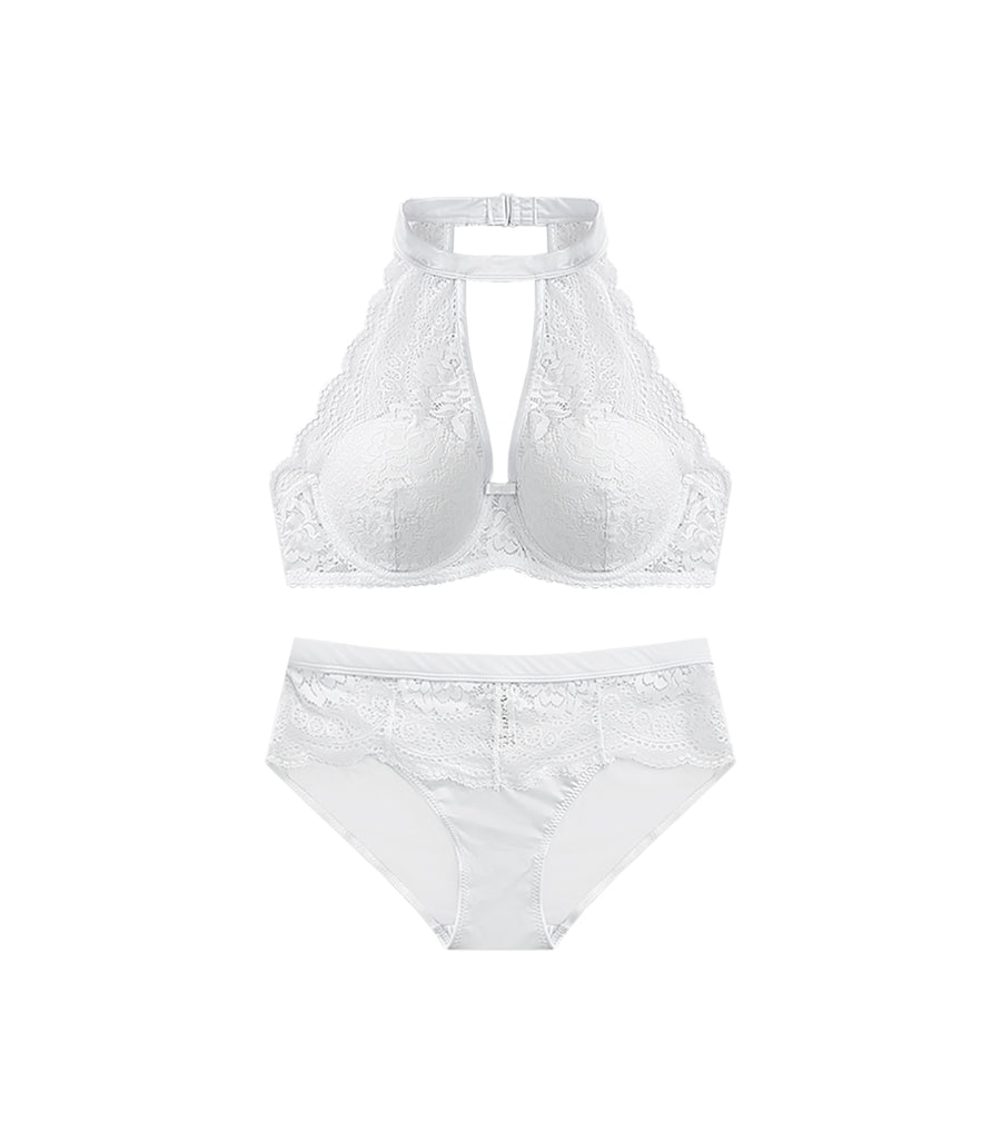 French Round Sexy Hollow Out Laces Around The Neck Half Cup Bra Set White