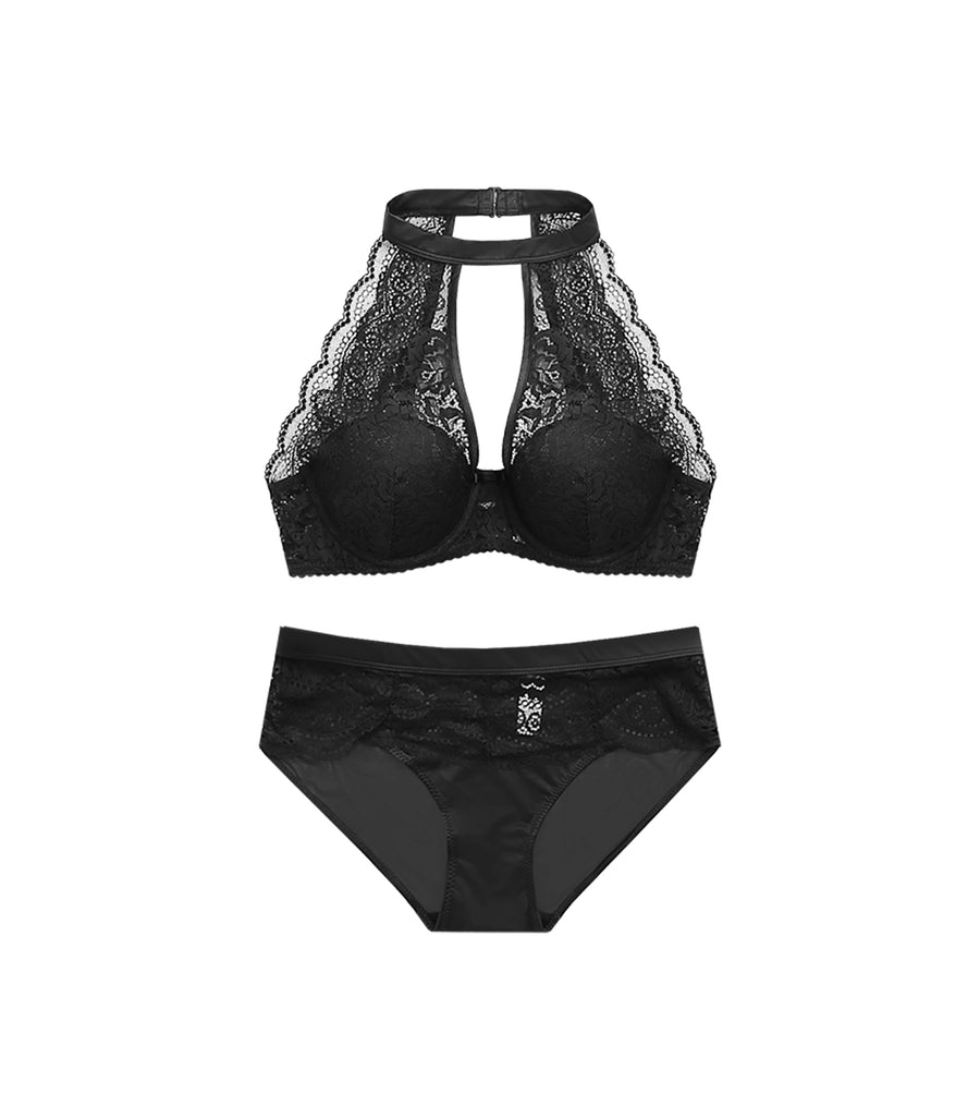 French Round Sexy Hollow Out Laces Around The Neck Half Cup Bra Set Black