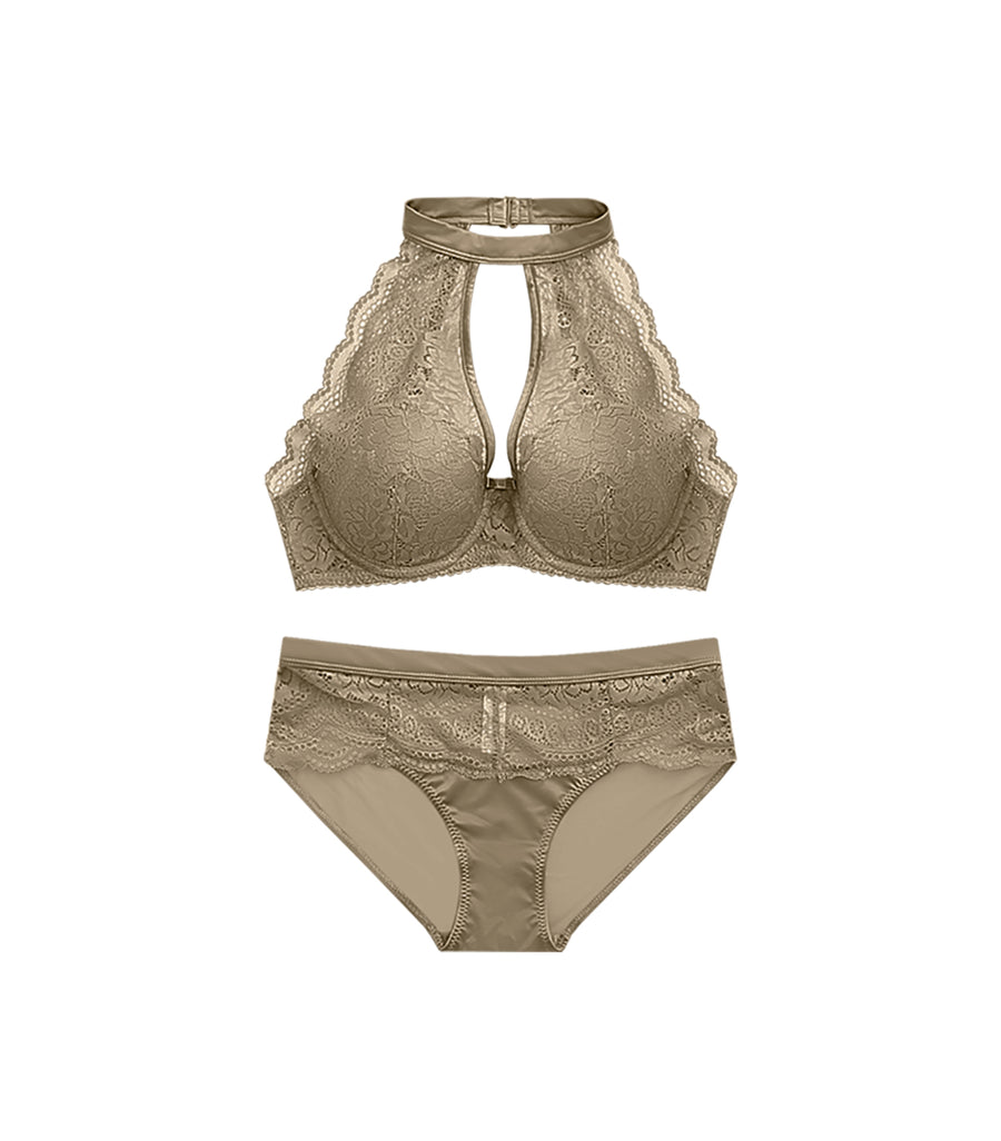 French Round Sexy Hollow Out Laces Around The Neck Half Cup Bra Set Auburn umber