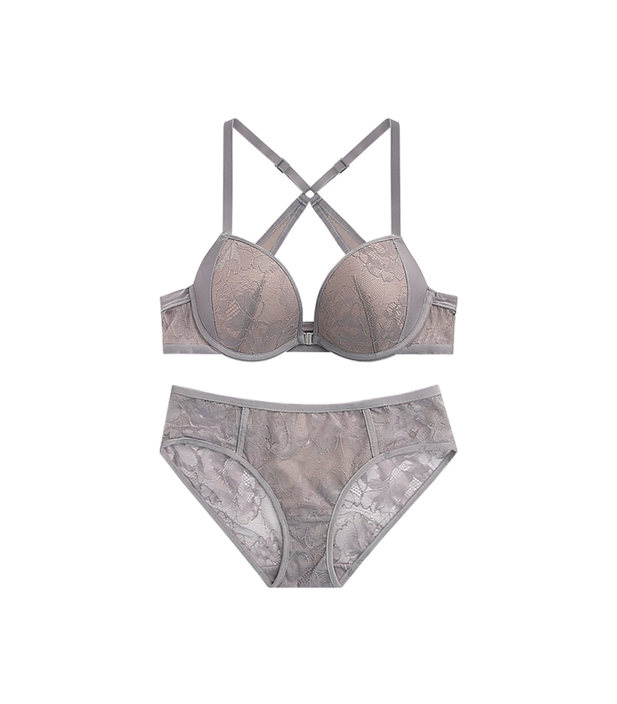 Push-up Deep V Front Buckle Laces Beauty Back Bra Set Grey Purple