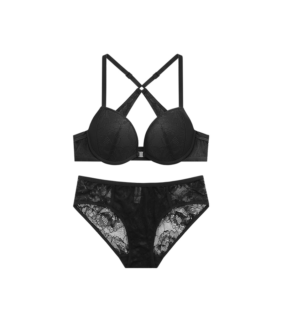 Push-up Deep V Front Buckle Laces Beauty Back Bra Set Black