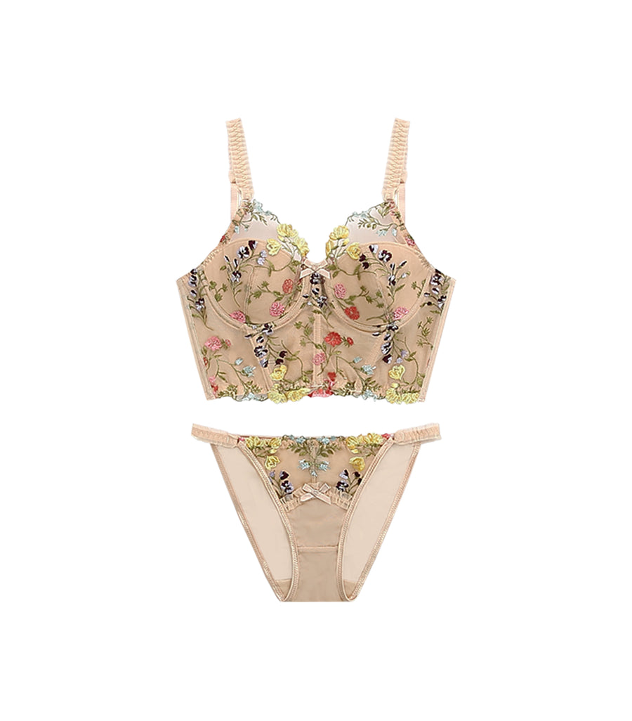 Flora Embroidery U-Shaped Wired Bra Set Pink