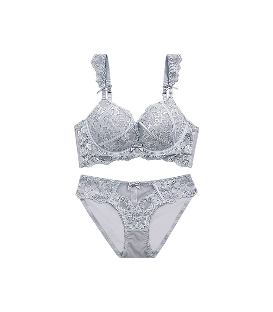 Deep Groove Laces Flower Shell Concentrated Bralette Bra Set Grey Blue