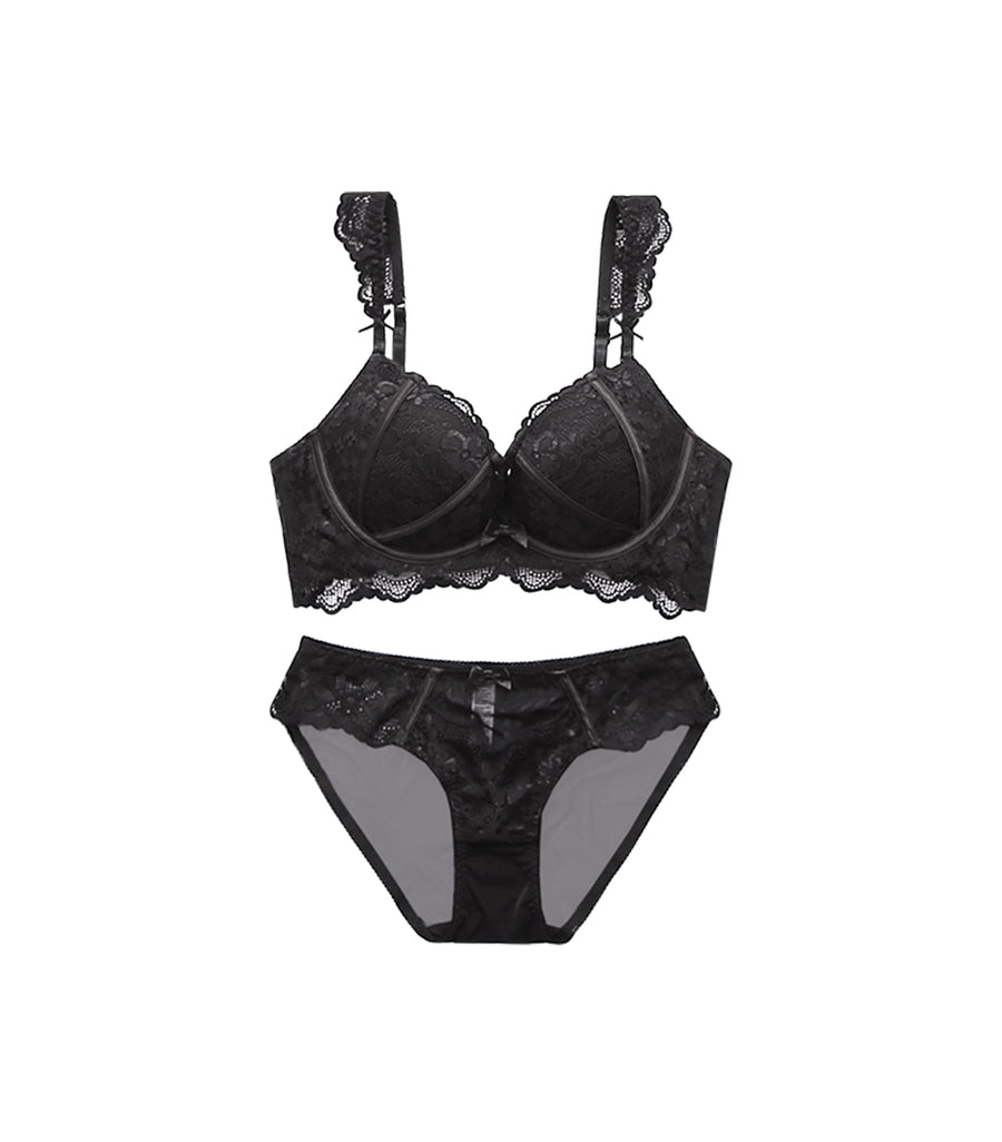 Deep Groove Laces Flower Shell Concentrated Bralette Bra Set Black