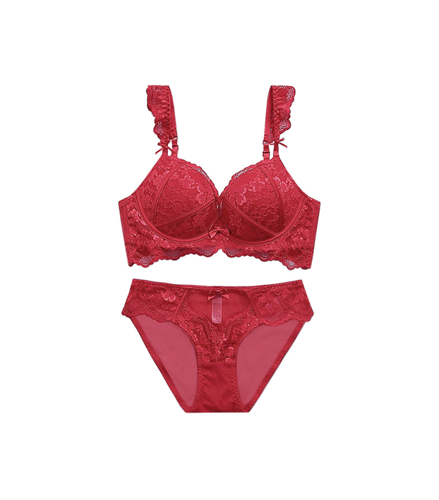 Deep Groove Laces Flower Shell Concentrated Bralette Bra Set Red