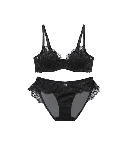 Eyelashes Laces Mesh Transparent French Thin Cup Bra Set Black