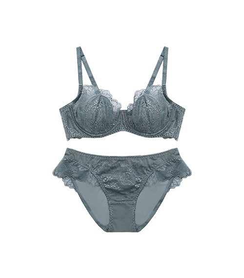 Eyelashes Laces Mesh Transparent French Thin Cup Bra Set Grey Blue