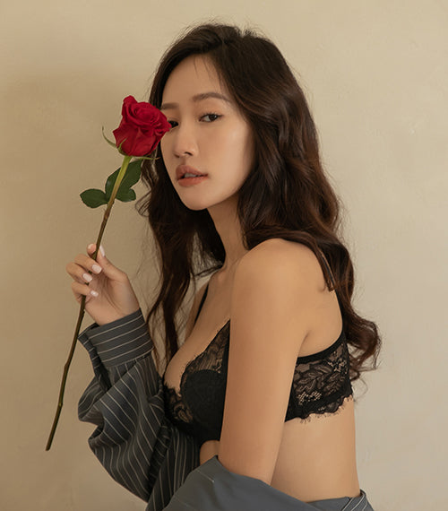 Eyelashes Laces Mesh Transparent French Thin Cup Bra Set Black