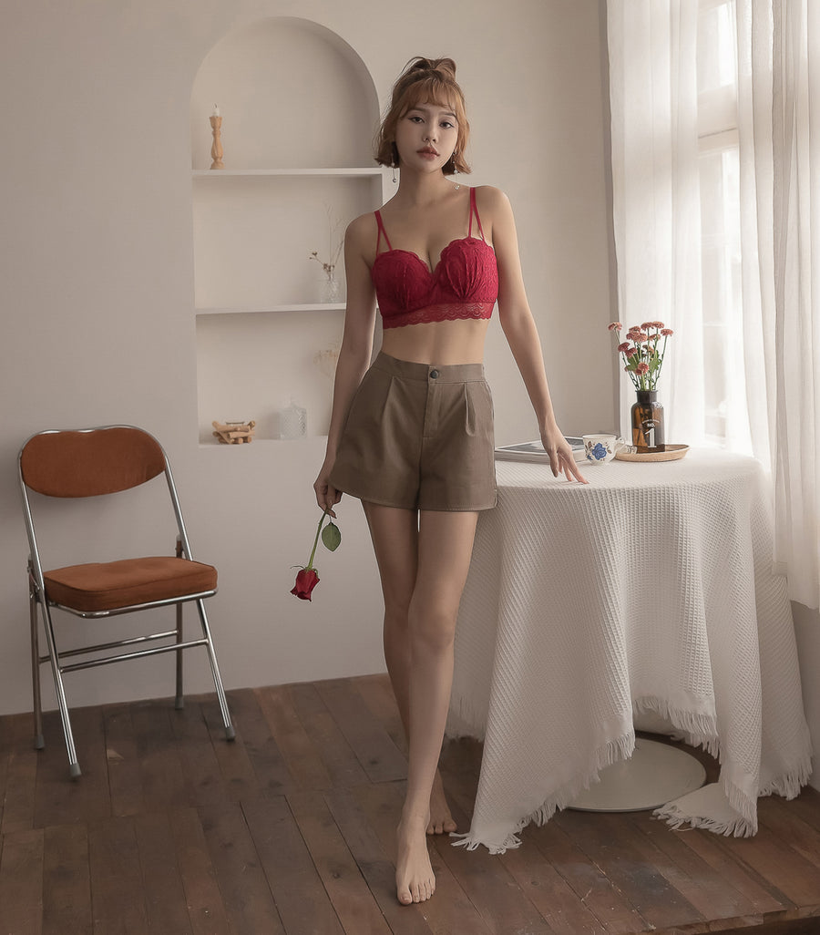 Plump and Push-up Solid Cup Lace Wireless Bra Set Red