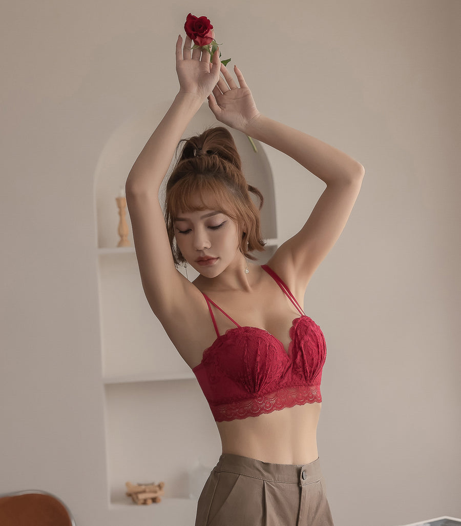 Plump and Push-up Solid Cup Lace Wireless Bra Set Red