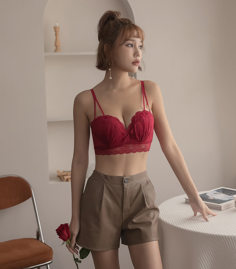 Plump and Push-up Solid Cup Lace Wireless Bra Set Red