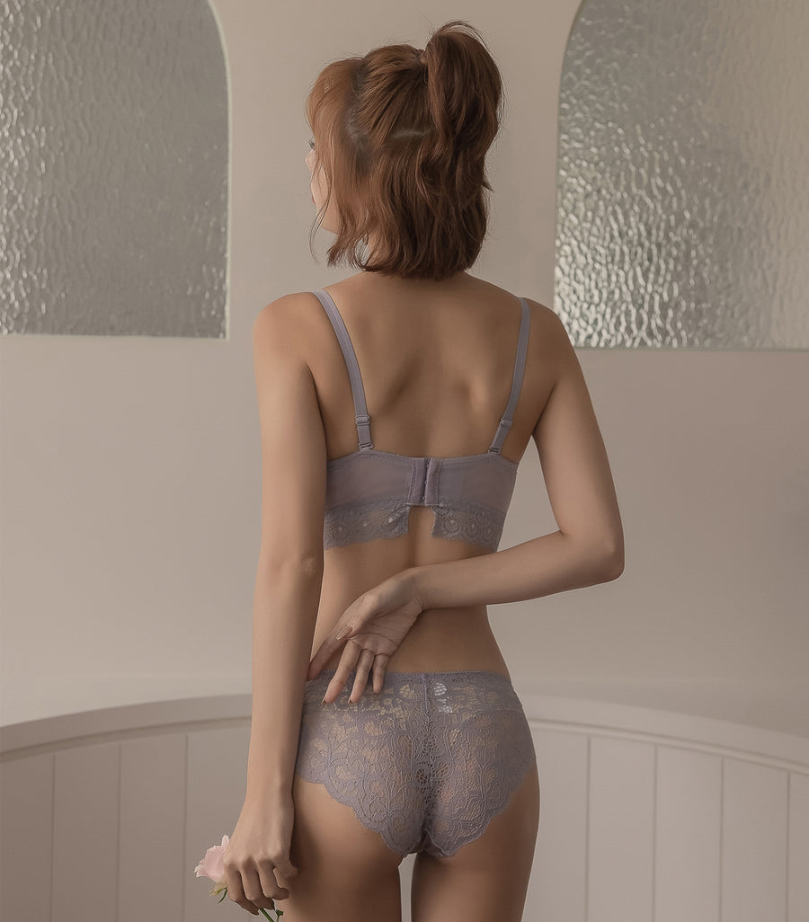 Plump and Push-up Solid Cup Lace Wireless Bra Set Pink Purple