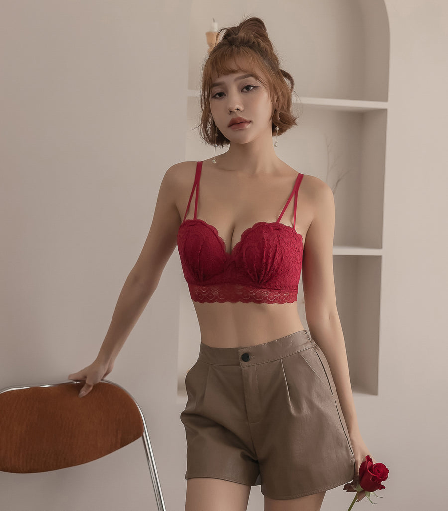 Plump and Push-up Solid Cup Lace Wireless Bra Set Red