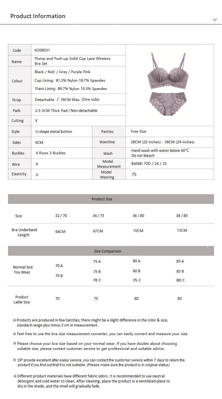 Plump and Push-up Solid Cup Lace Wireless Bra Set Grey
