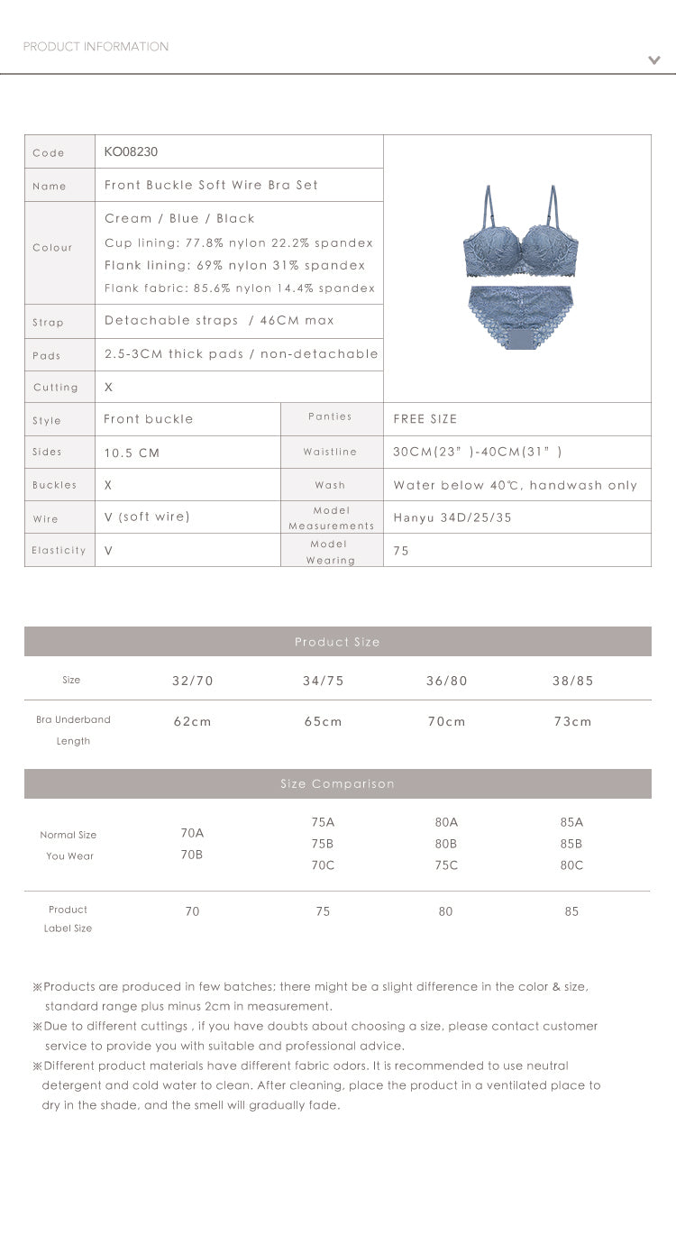 Double Front Buckle Half-Cup Embroidery
Sexy Back Soft Wired Bra Set Cream