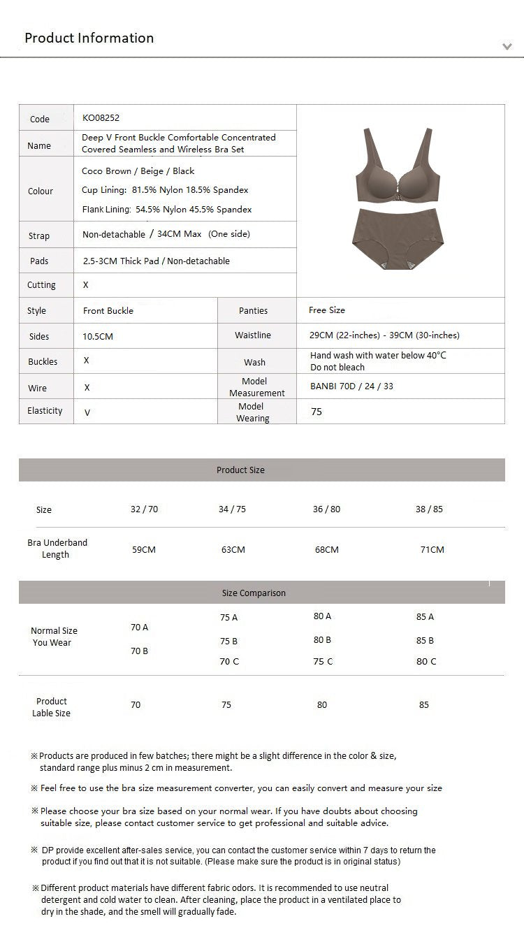 Deep V Front Buckle Comfortable Seamless and Wireless Bra Set Black