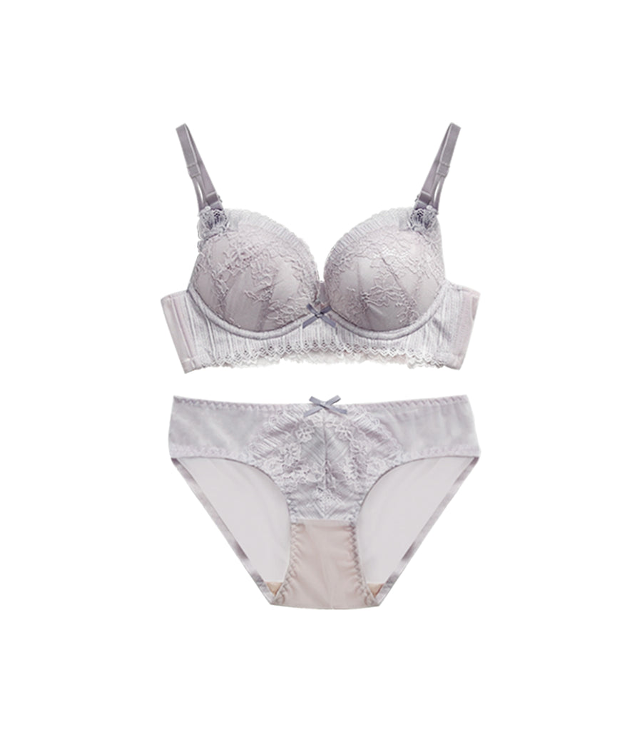 Push-up European Style Bi-color Lace Covered Wireless Bra Set Light Purple