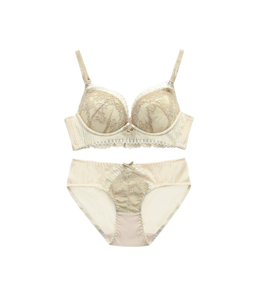 Push-up European Style Bi-color Lace Covered Wireless Bra Set Apricot
