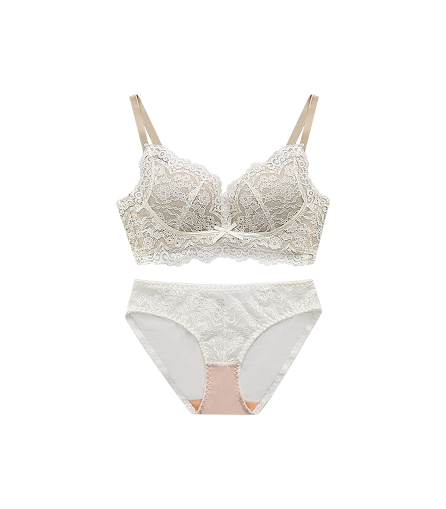 Comfortable Blooming Coverage Concentrated Bralette Bra Set Apricot