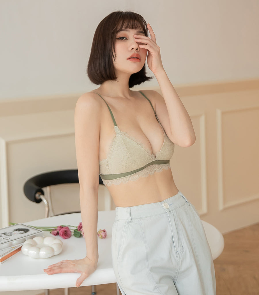 Low Gore Laces Color Matching Beauty Triangular Cup Wireless Bra Set Green