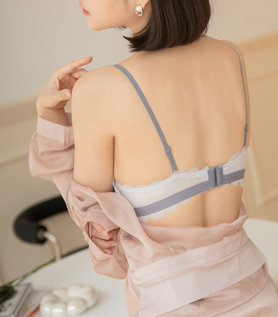 Low Gore Laces Color Matching Beauty Triangular Cup Wireless Bra Set Grey Blue