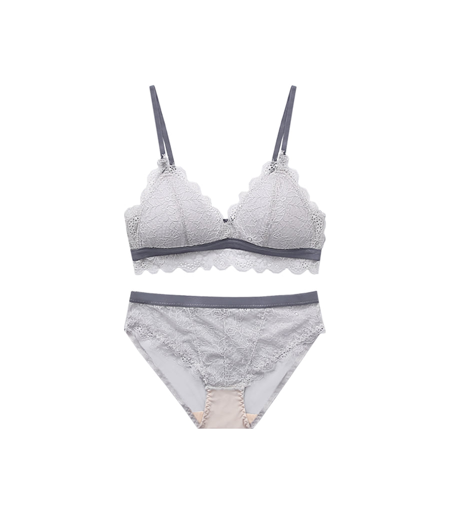 Low Gore Laces Color Matching Beauty Triangular Cup Wireless Bra Set Grey Blue