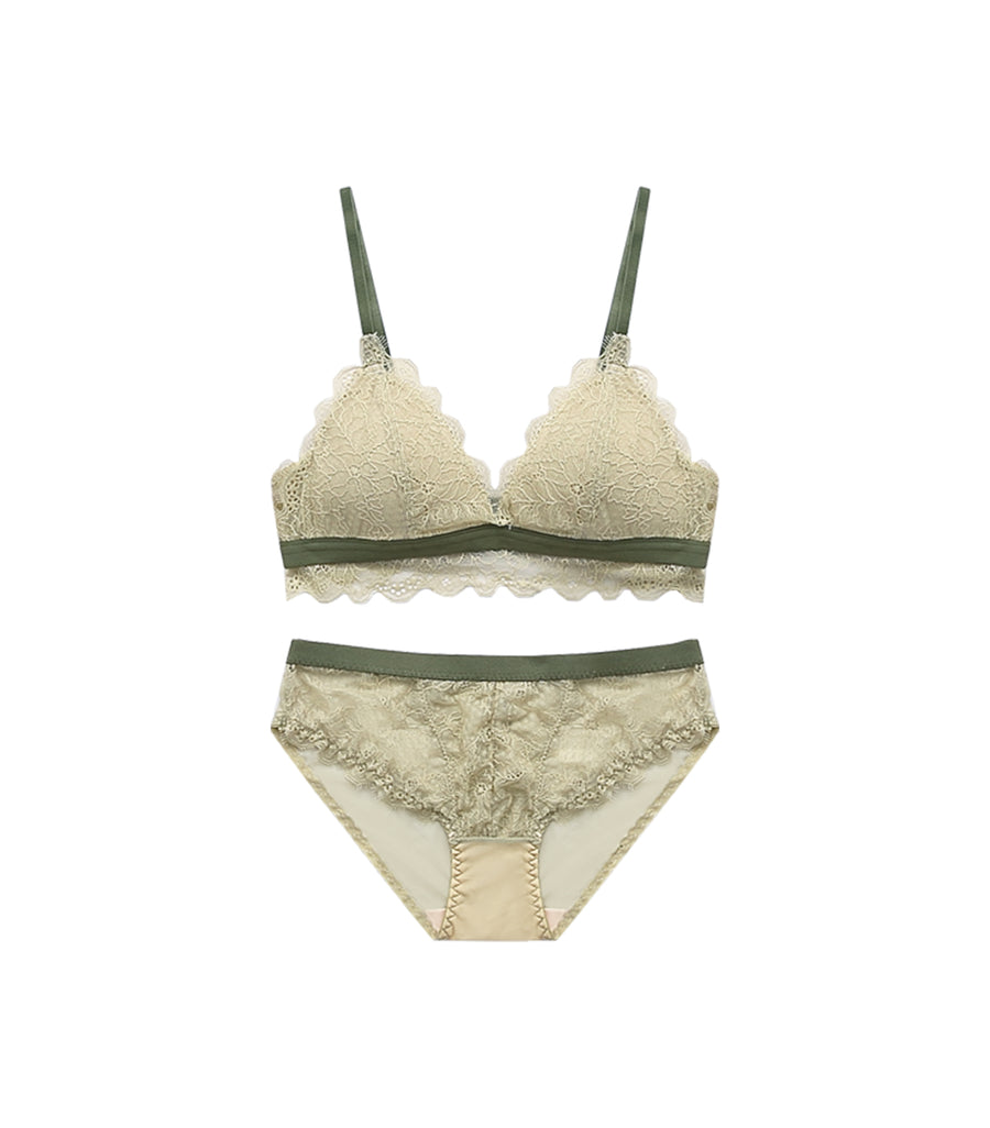 Low Gore Laces Color Matching Beauty Triangular Cup Wireless Bra Set Green