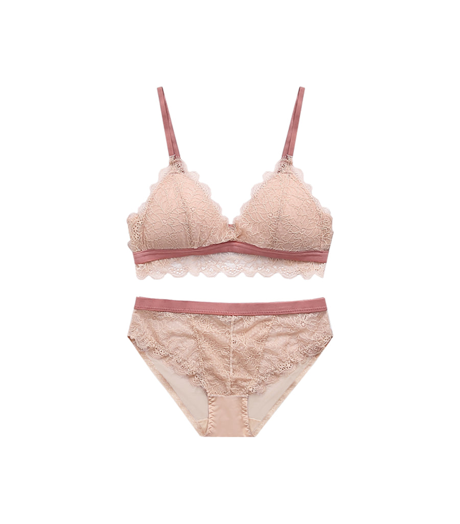 Low Gore Laces Color Matching Beauty Triangular Cup Wireless Bra Set Pink