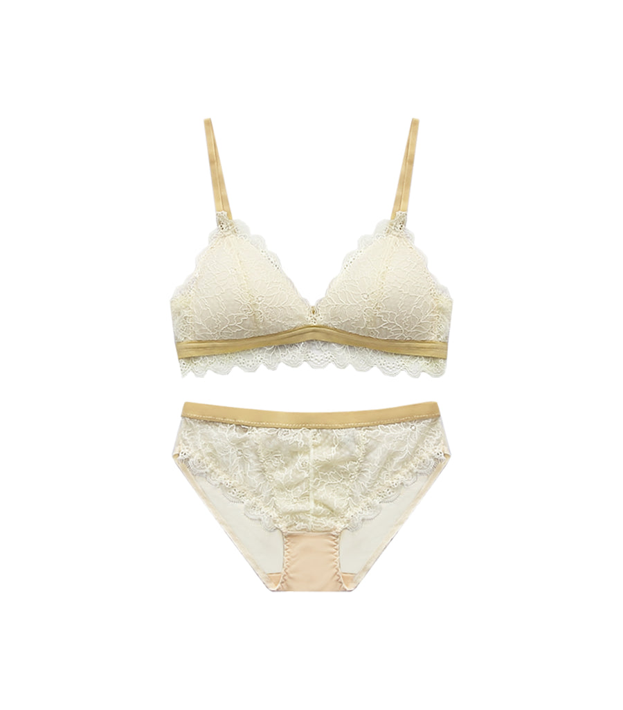 Low Gore Laces Color Matching Beauty Triangular Cup Wireless Bra Set Apricot