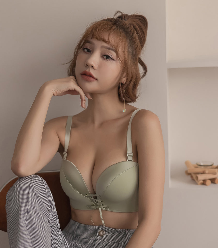 Push-up Drawstring Seamless Satin Deep V Wireless Bra Set Green