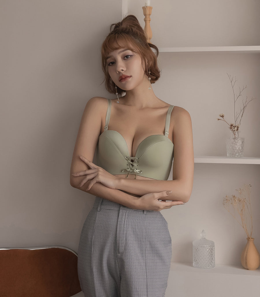 Push-up Drawstring Seamless Satin Deep V Wireless Bra Set Green