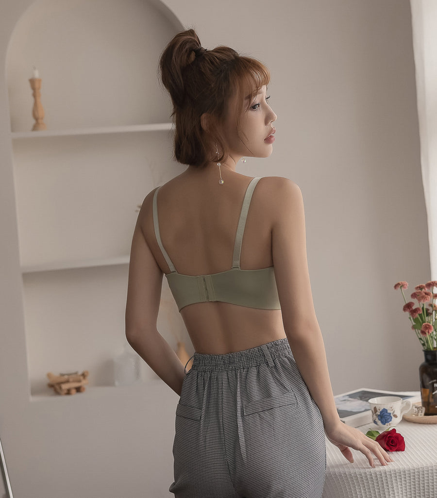 Push-up Drawstring Seamless Satin Deep V Wireless Bra Set Green