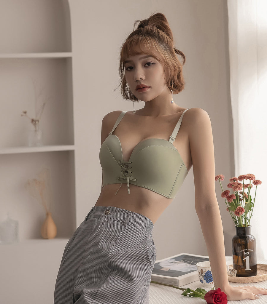 Push-up Drawstring Seamless Satin Deep V Wireless Bra Set Green
