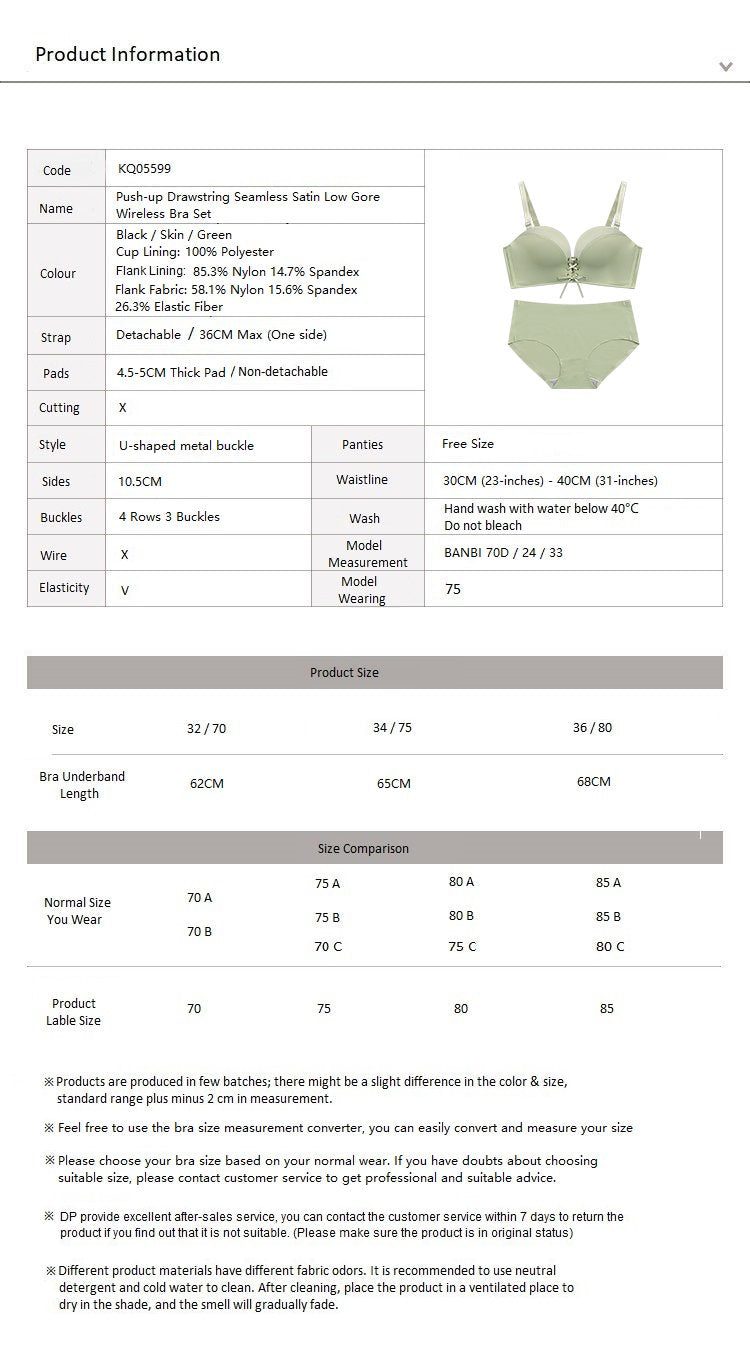 Push-up Drawstring Seamless Satin Deep V Wireless Bra Set Green