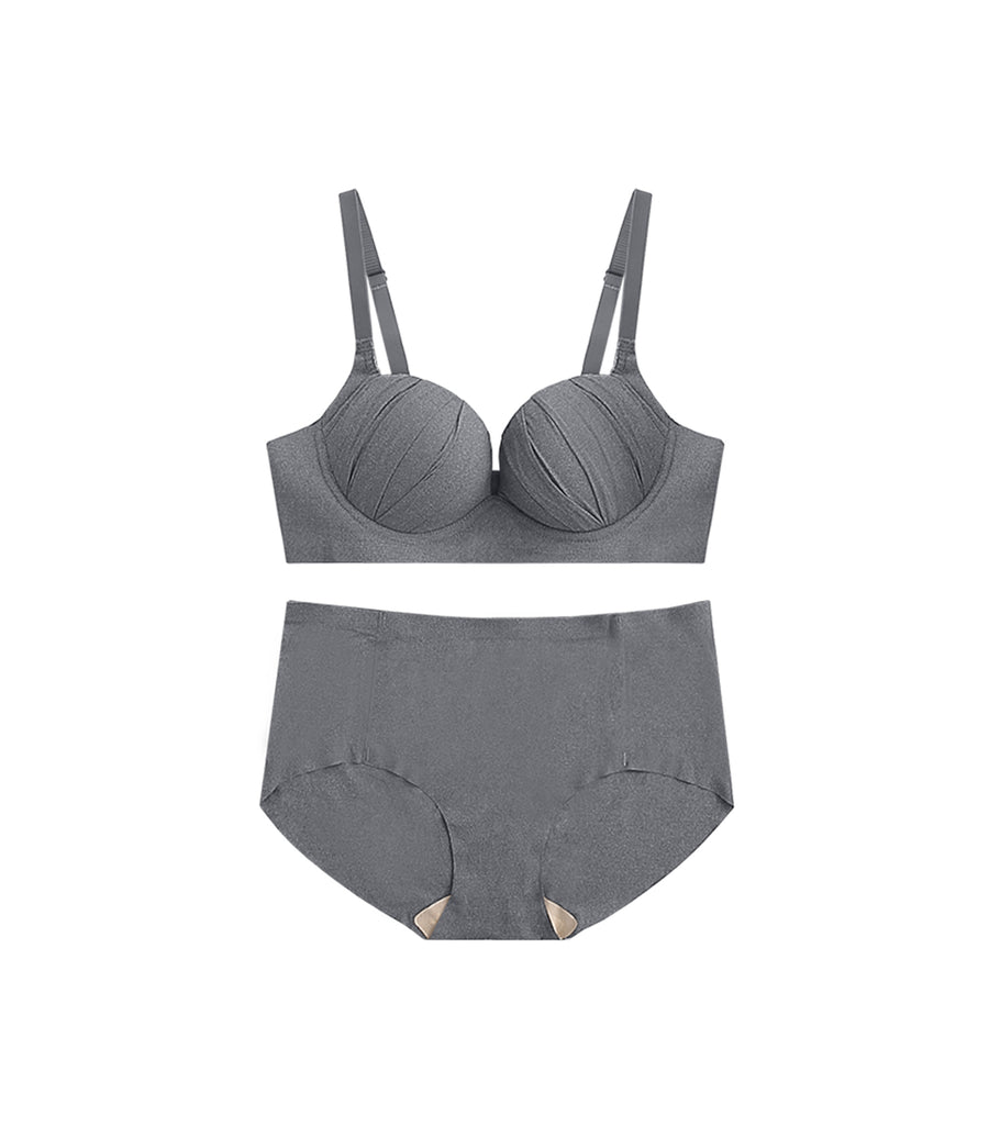 Push-up and Plump Solid Wrinkled Comfortable Covered Wireless Bra Set Grey