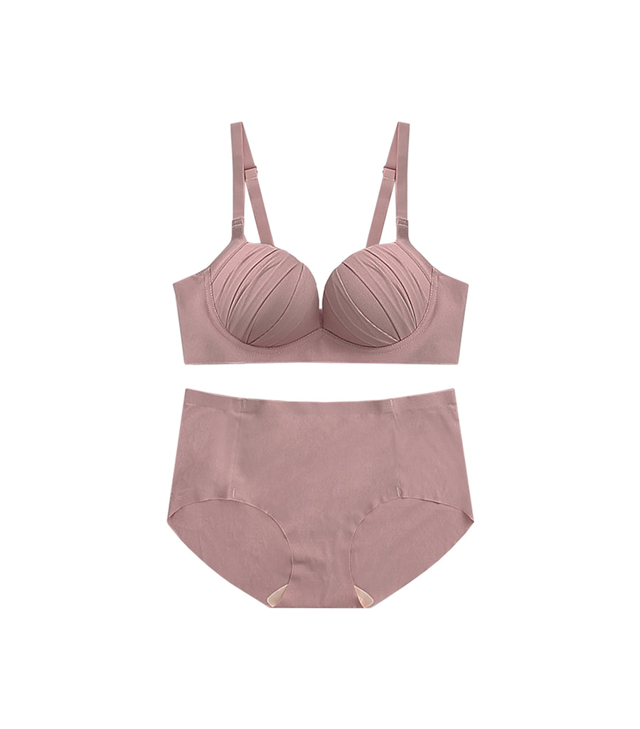 Push-up and Plump Solid Wrinkled Comfortable Covered Wireless Bra Set Pink