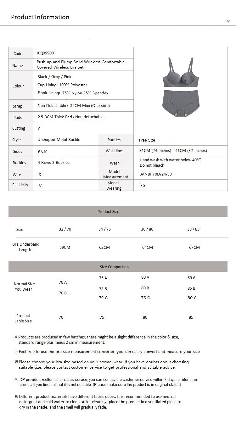 Push-up and Plump Solid Wrinkled Comfortable Covered Wireless Bra Set Grey