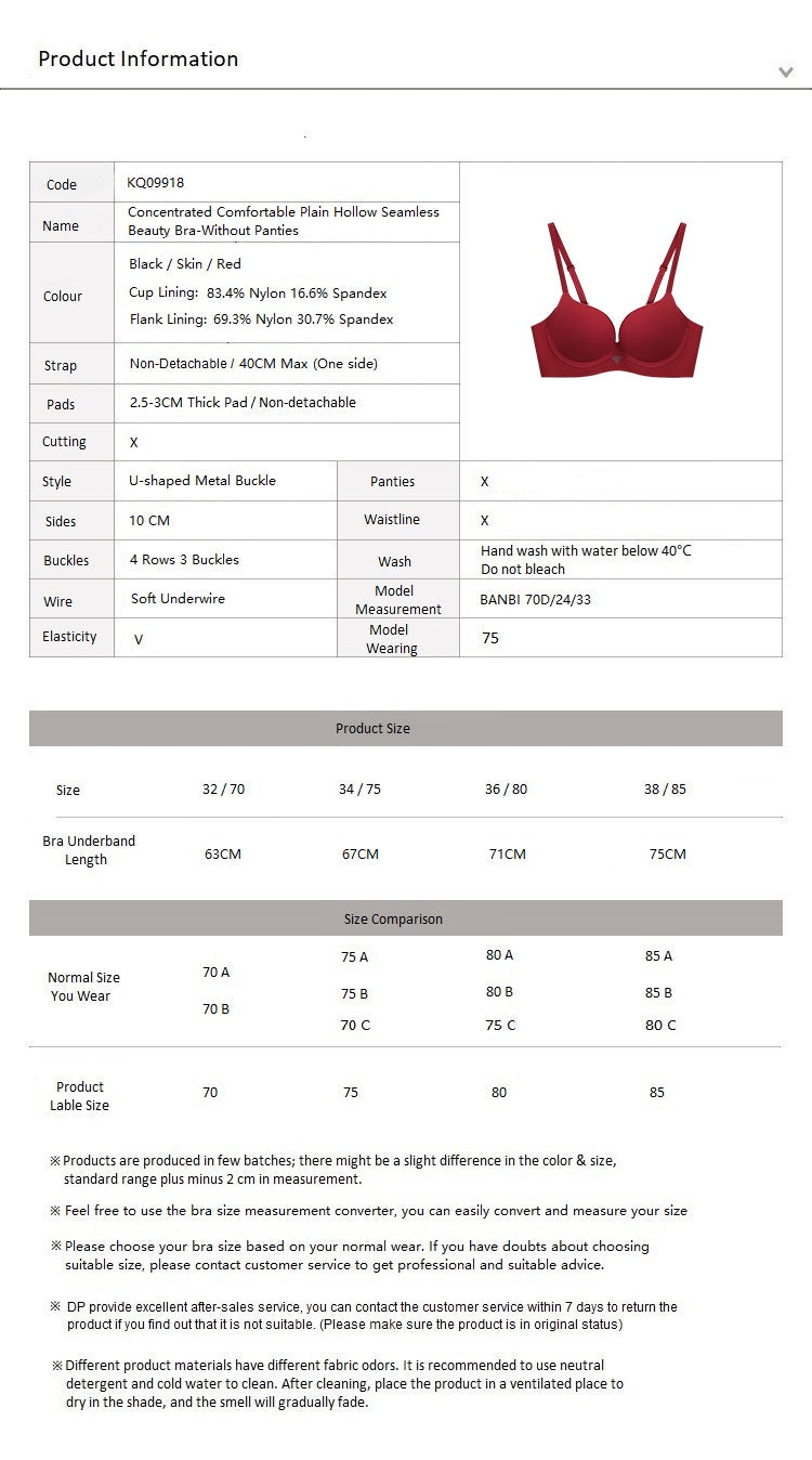 Concentrated Comfortable Plain Hollow Seamless Beauty Bra-Without Panties Red