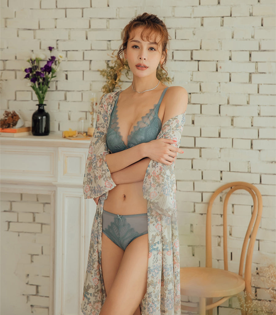 Deep V Eyelash Lace Push-Up Supportive Wireless Bra Set Blue