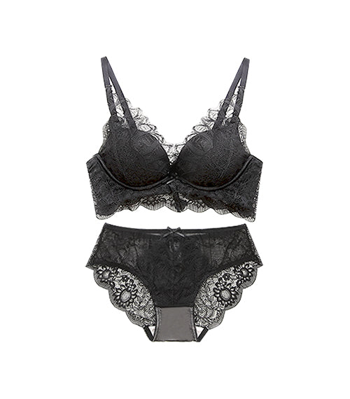 Deep V Eyelash Lace Push-Up Supportive Wireless Bra Set Black