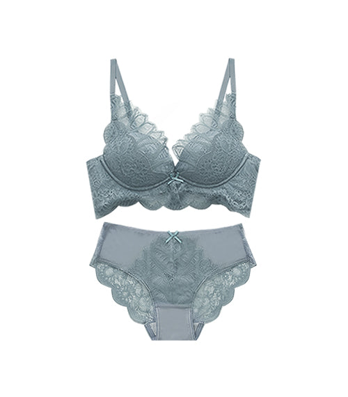 Deep V Eyelash Lace Push-Up Supportive Wireless Bra Set Blue