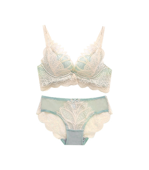 Deep V Eyelash Lace Push-Up Supportive Wireless Bra Set Green