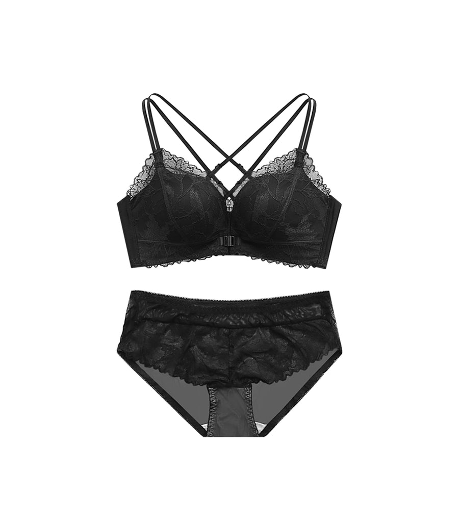 Round and Deep V Laces Double Shoulder Straps Front Buckle Wireless Bra Set Black