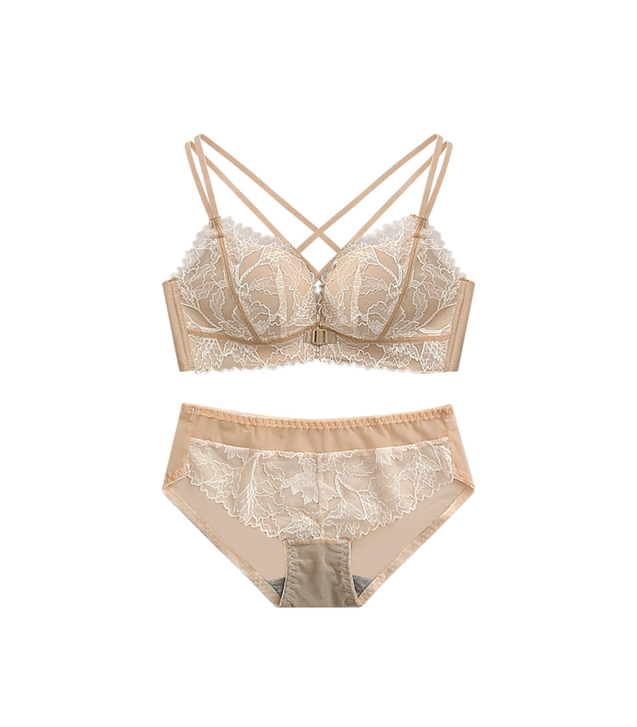 Round and Deep V Laces Double Shoulder Straps Front Buckle Wireless Bra Set Caramel