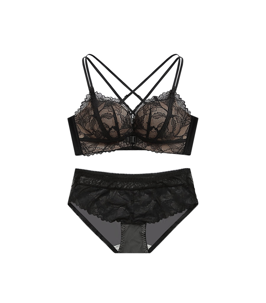 Round and Deep V Laces Double Shoulder Straps Front Buckle Wireless Bra Set Black Nude