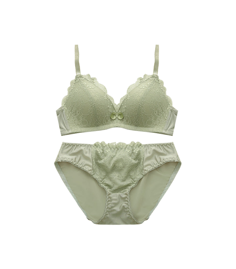 Light Weighted Deep V Lace Wireless Bra Set Green