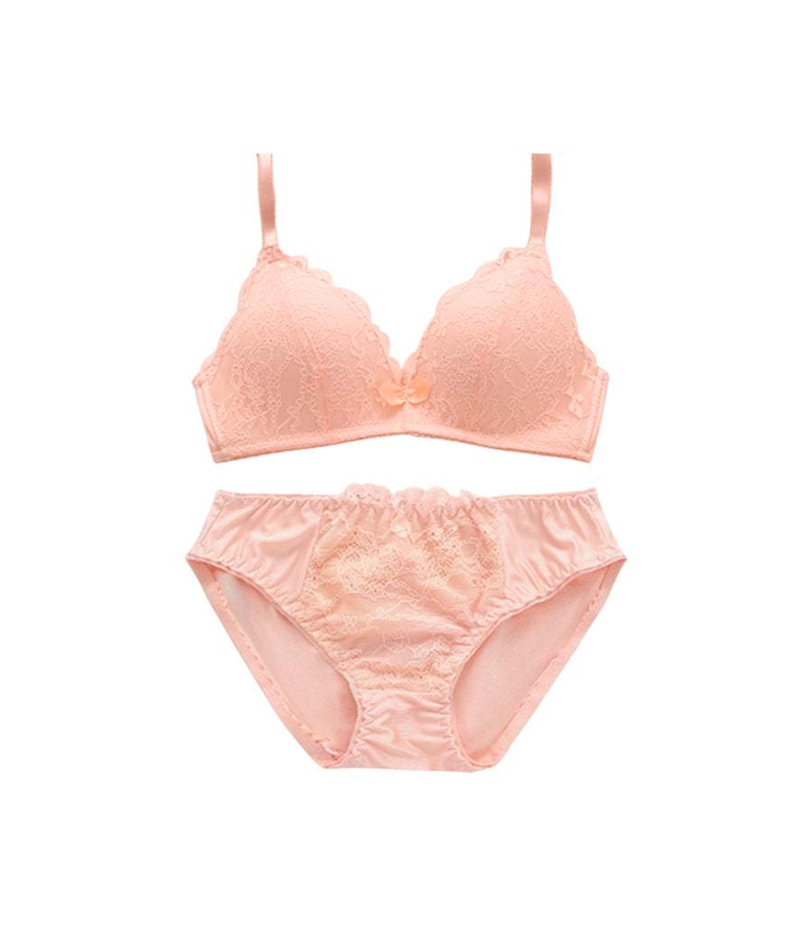 Light Weighted Deep V Lace Wireless Bra Set Pink
