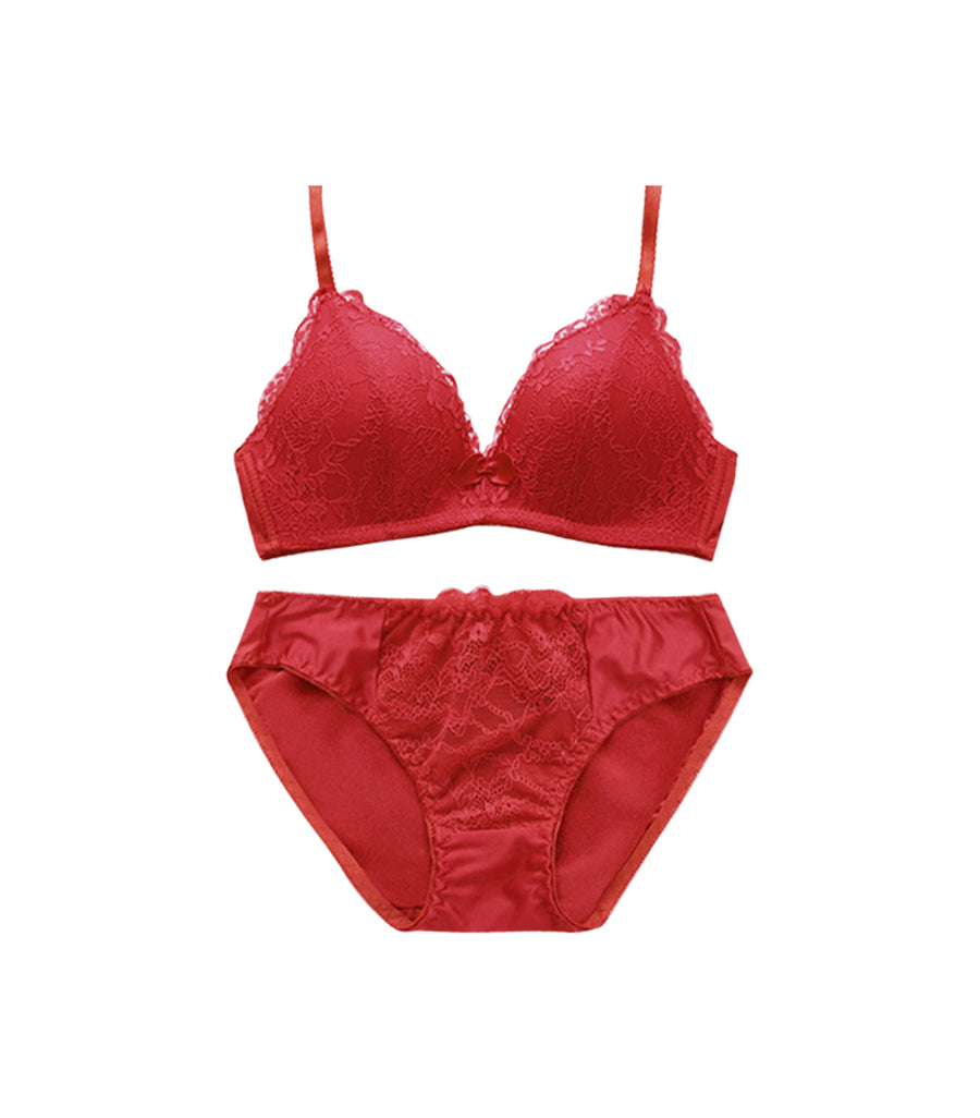 Light Weighted Deep V Lace Wireless Bra Set Red