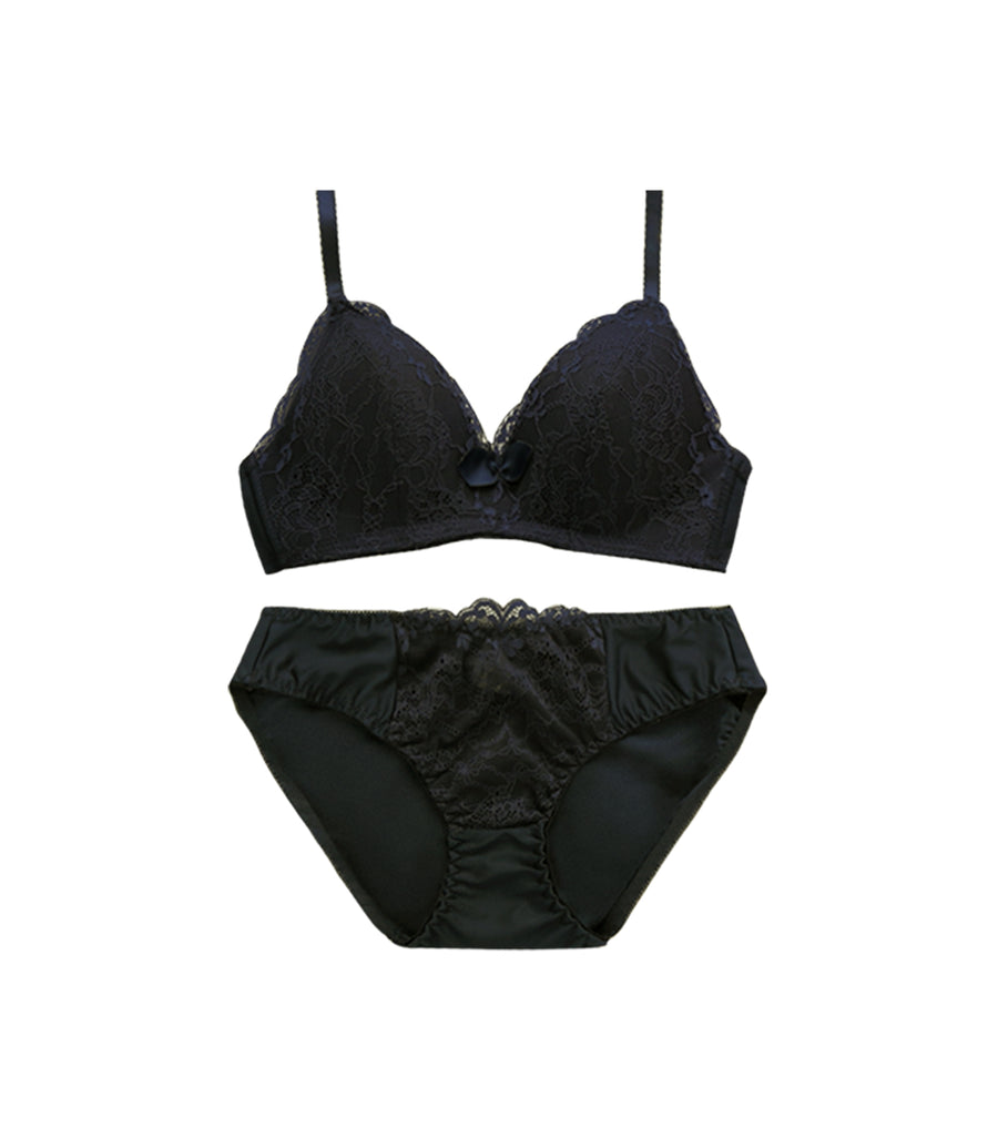 Light Weighted Deep V Lace Wireless Bra Set Black