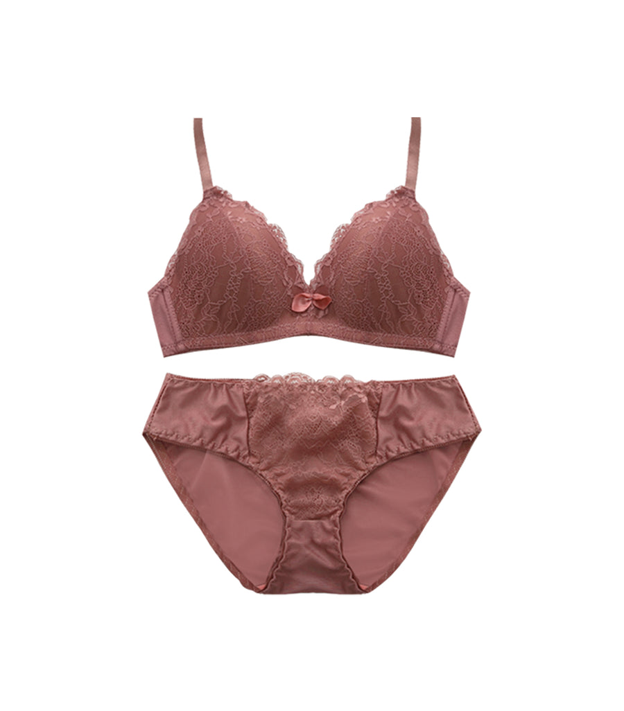 Light Weighted Deep V Lace Wireless Bra Set Dark Pink